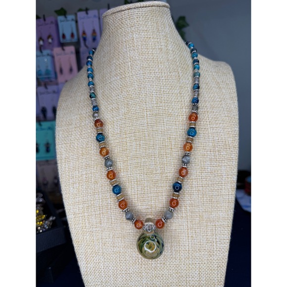 Handmade Jewelry - Artisan Lampwork Glass Pendant Necklace Carnelian Labradorite Apatite Beads